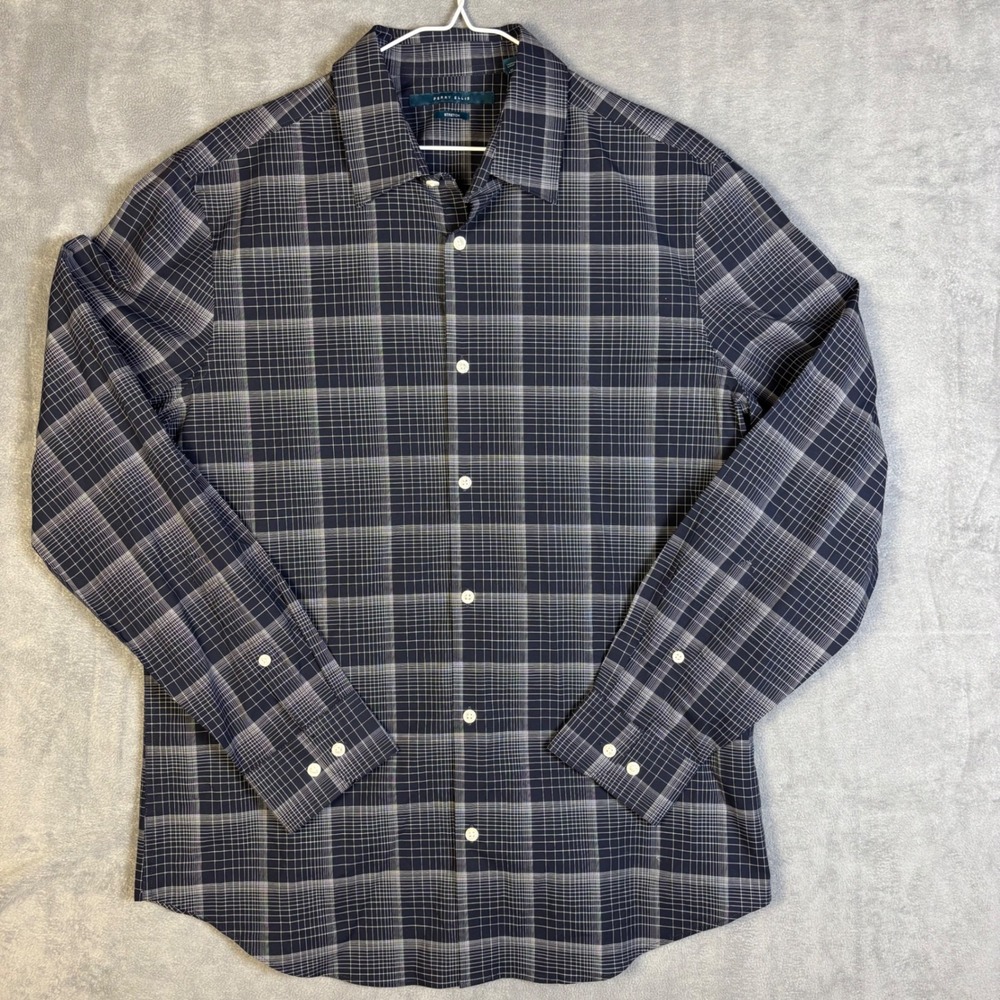 Perry Ellis Mens Large Navy Blue White Plaid Stretch Button Down Shirt PS47846